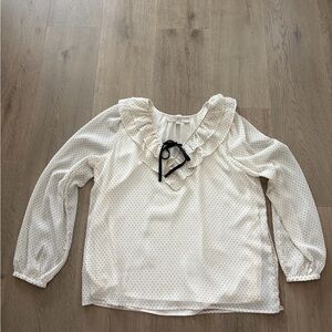 LOFT White Polka Dot Ruffle Neck Blouse with Black Tie